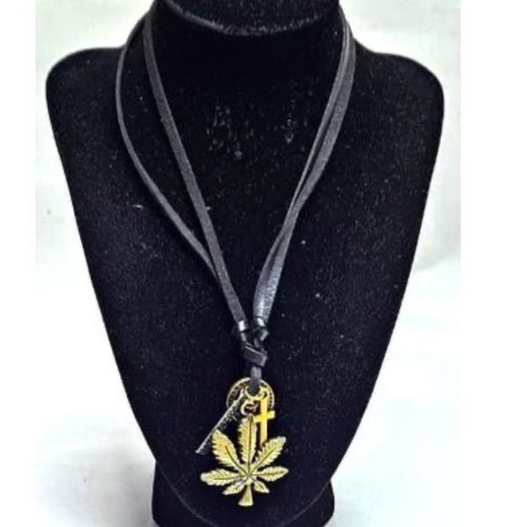 Long Necklace, Leather Silver & Brown Leaf Pendant Necklace, Handmade Jewelry - Picture 2 of 11